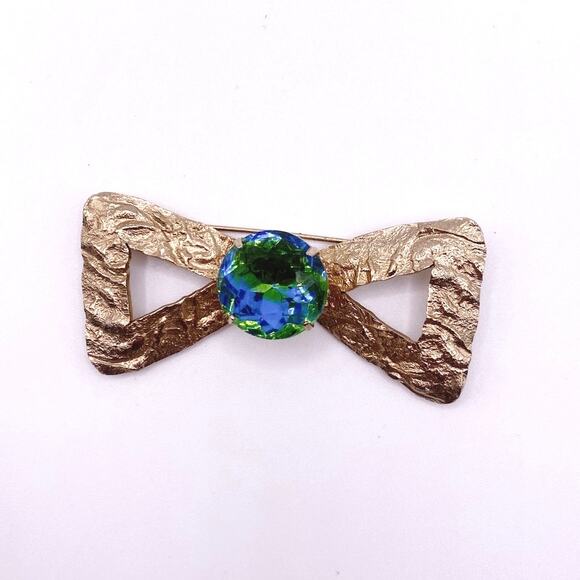Vintage Brooch Bow with Bohemian Green and Blue Glass 2” long - Picture 4 of 8